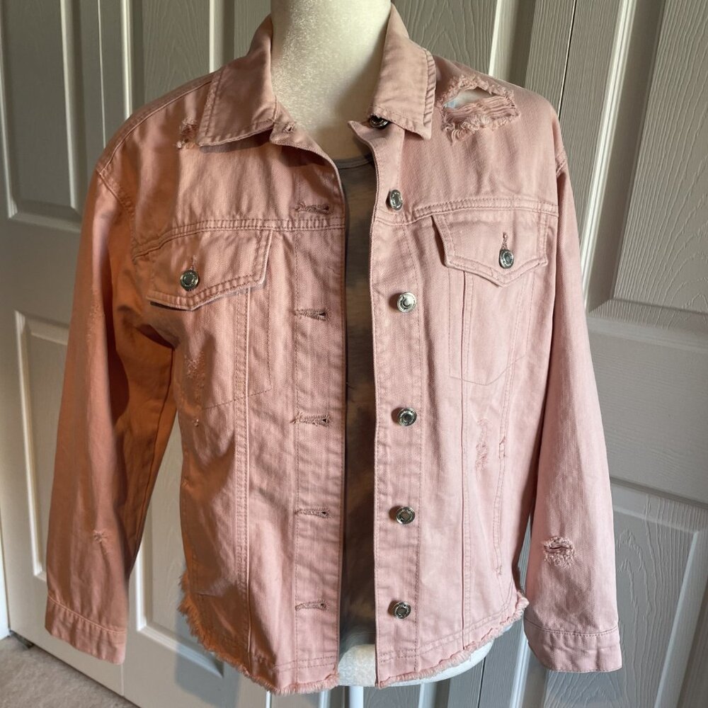 Bershka Denim Women’s Distressed Button Up Jean Jacket Size XS Light Pink EUC - Picture 1 of 6
